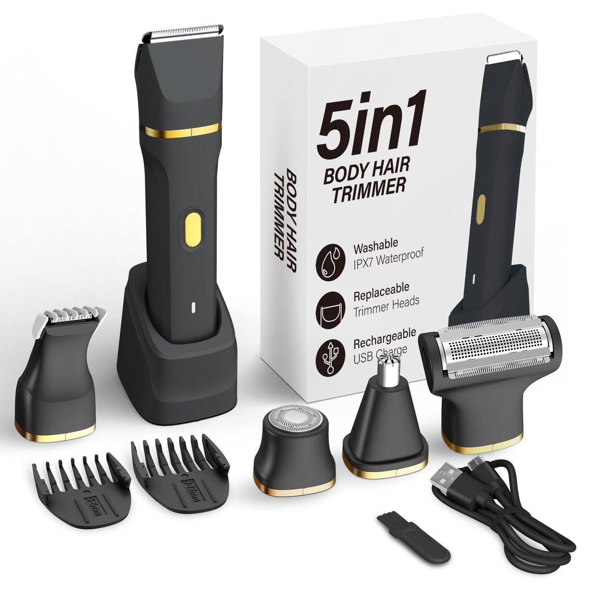 KINGTEE 5-in-1 Electric Bikini Trimmer front view with attachments