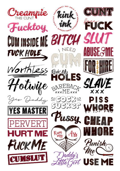 Kink Ink 30 temporary tattoos A4 sheet front view with unique designs