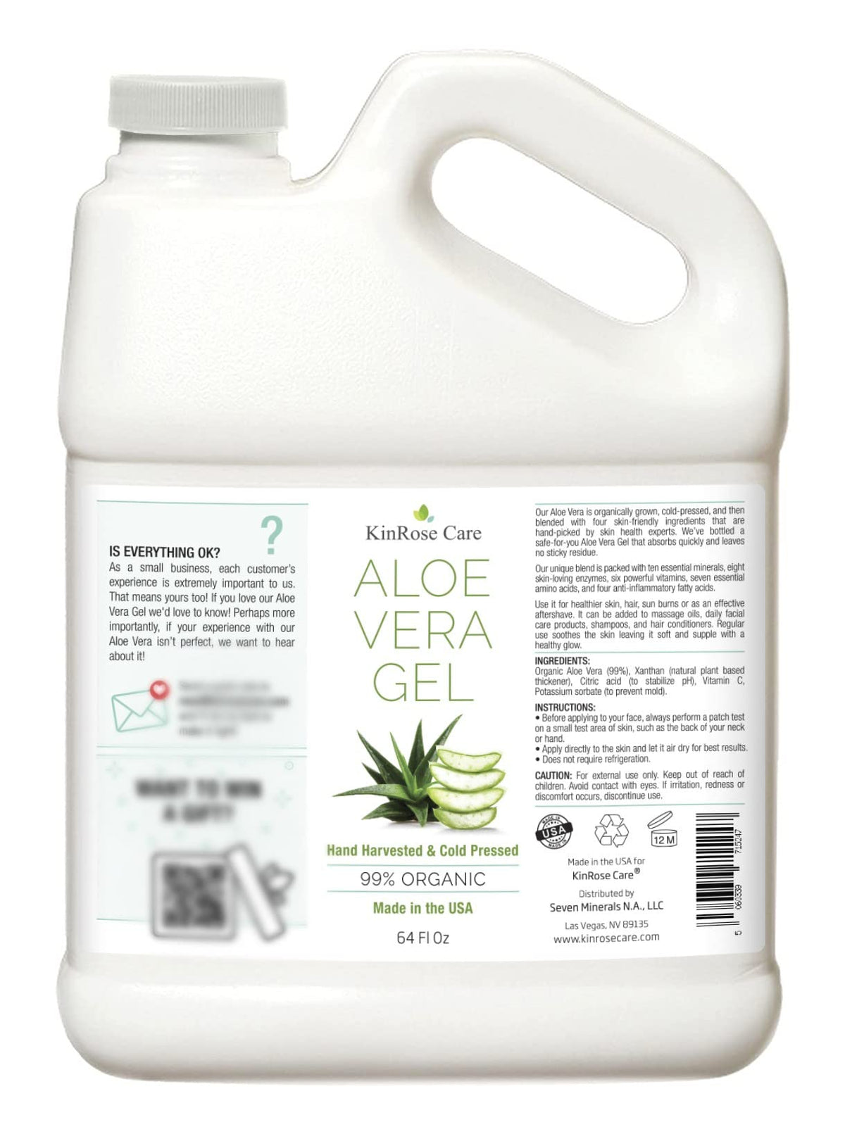 KinRose Care Aloe Vera Gel 64oz close-up of the bottle