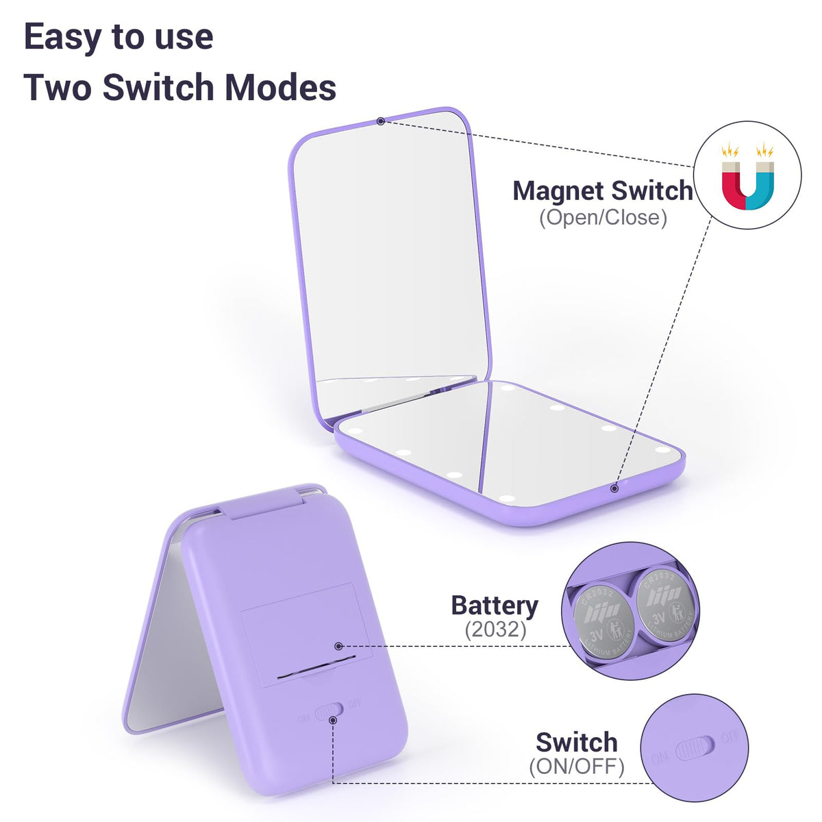 Kintion Pocket Mirror with LED lighting turned on
