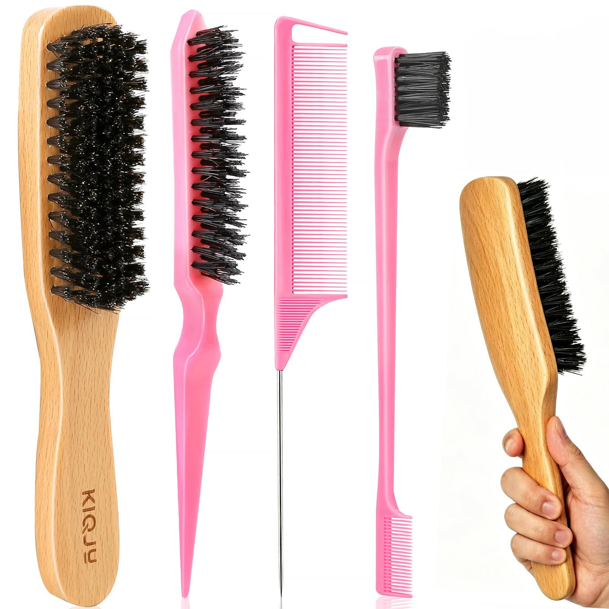 KIQJU 4Pcs Boar Bristle Hair Brush Set with comb and brushes
