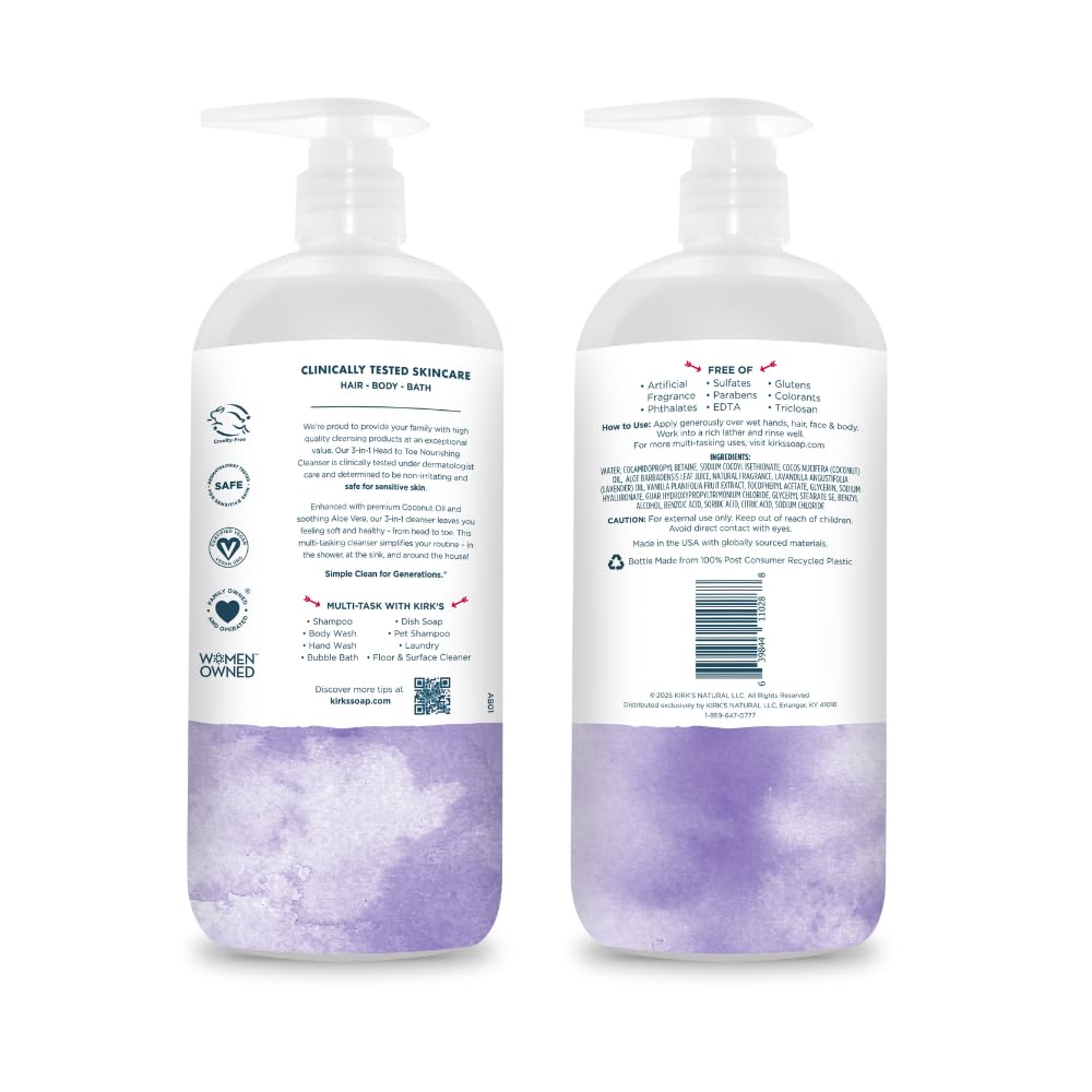 Kirk's 3-in-1 Liquid Cleanser back view showing ingredients