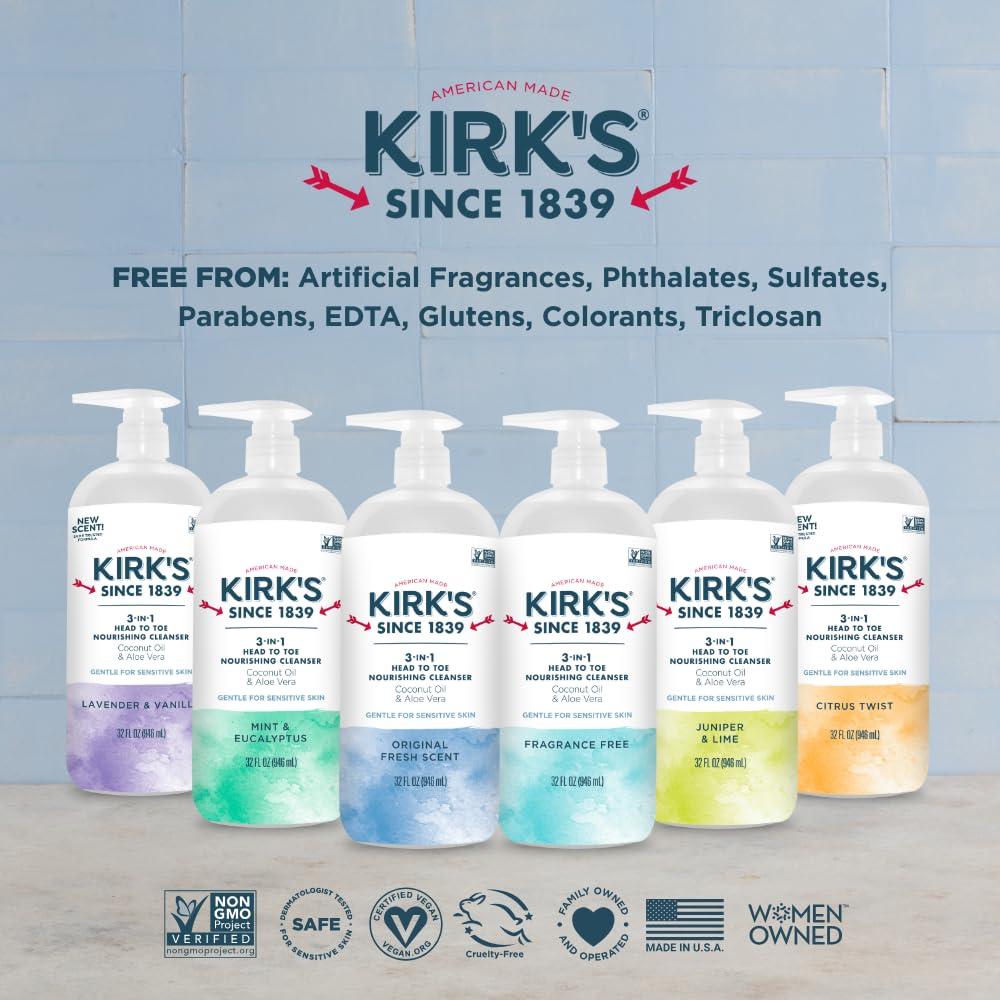 Kirk's 3-in-1 Liquid Cleanser packaging on a countertop