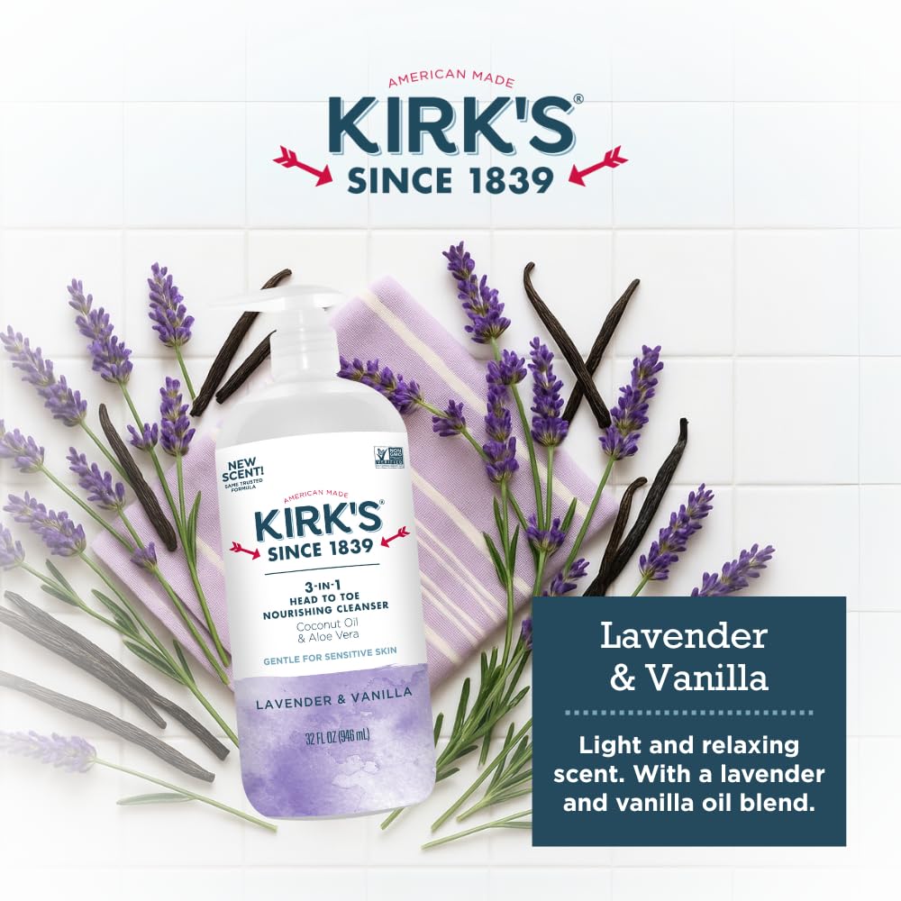Kirk's 3-in-1 Liquid Cleanser with lavender and vanilla ingredients