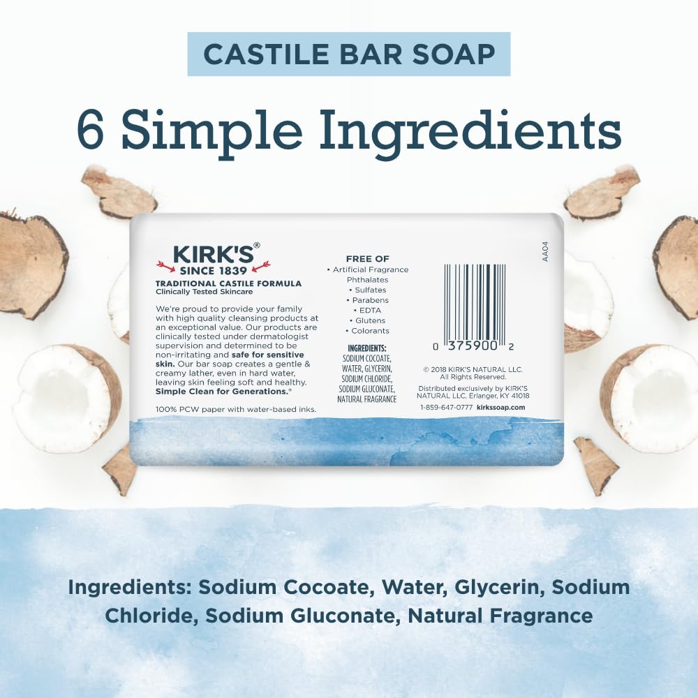 Kirk's Castile Bar Soap ingredients list on packaging