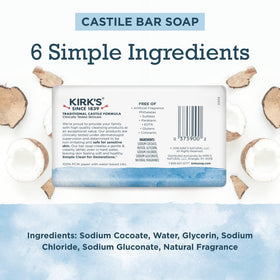 Kirk's Castile Bar Soap single bar showing coconut oil ingredients