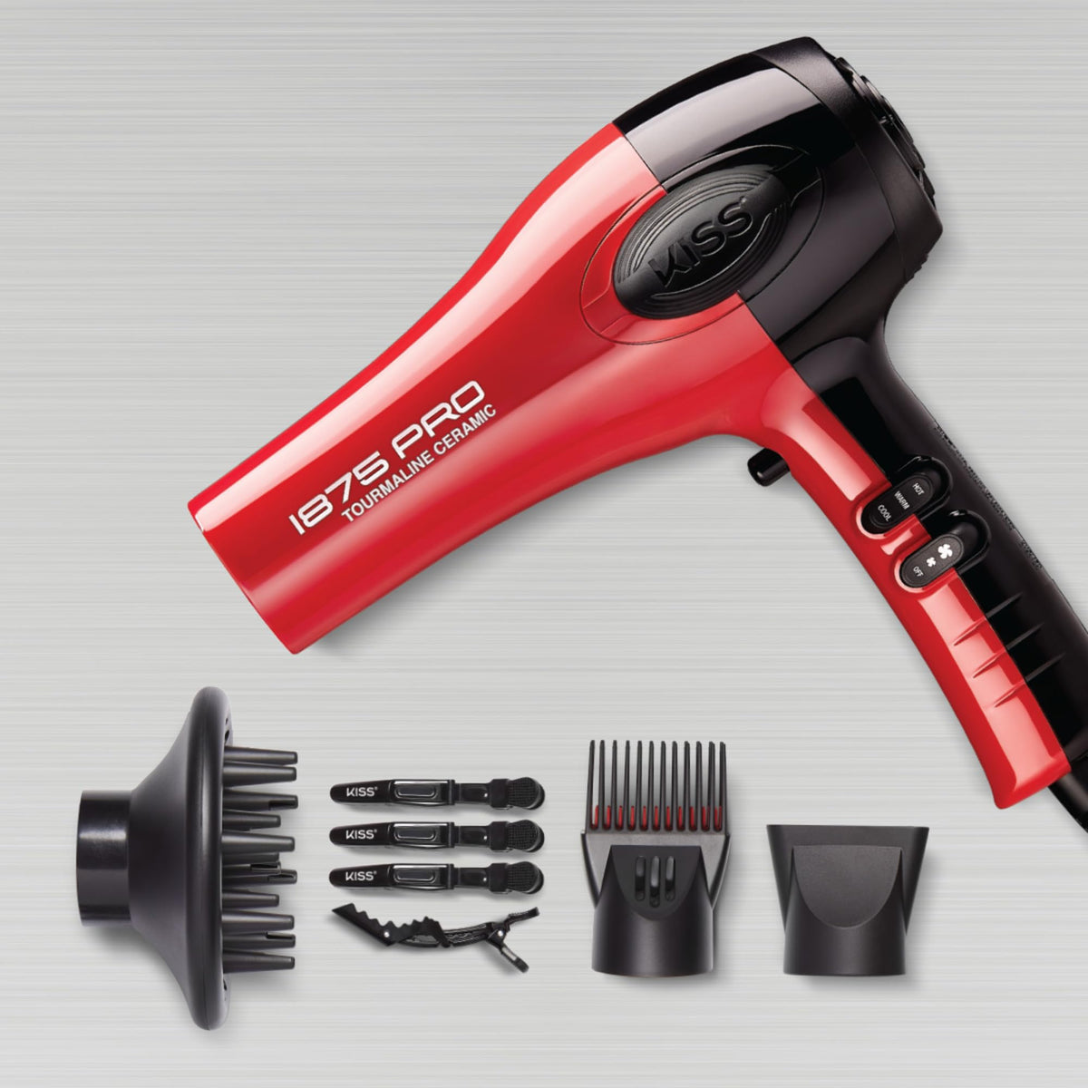 KISS 1875 Watt Hair Dryer with ergonomic handle and hanging loop