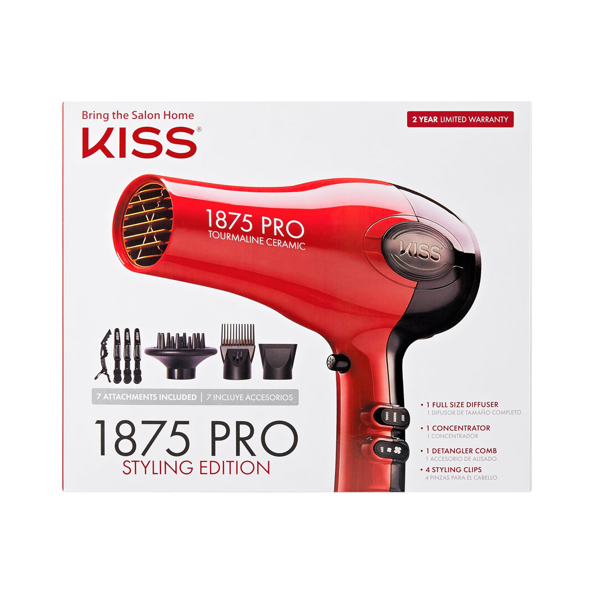 KISS 1875 Watt Pro Tourmaline Ceramic Hair Dryer in red, front view