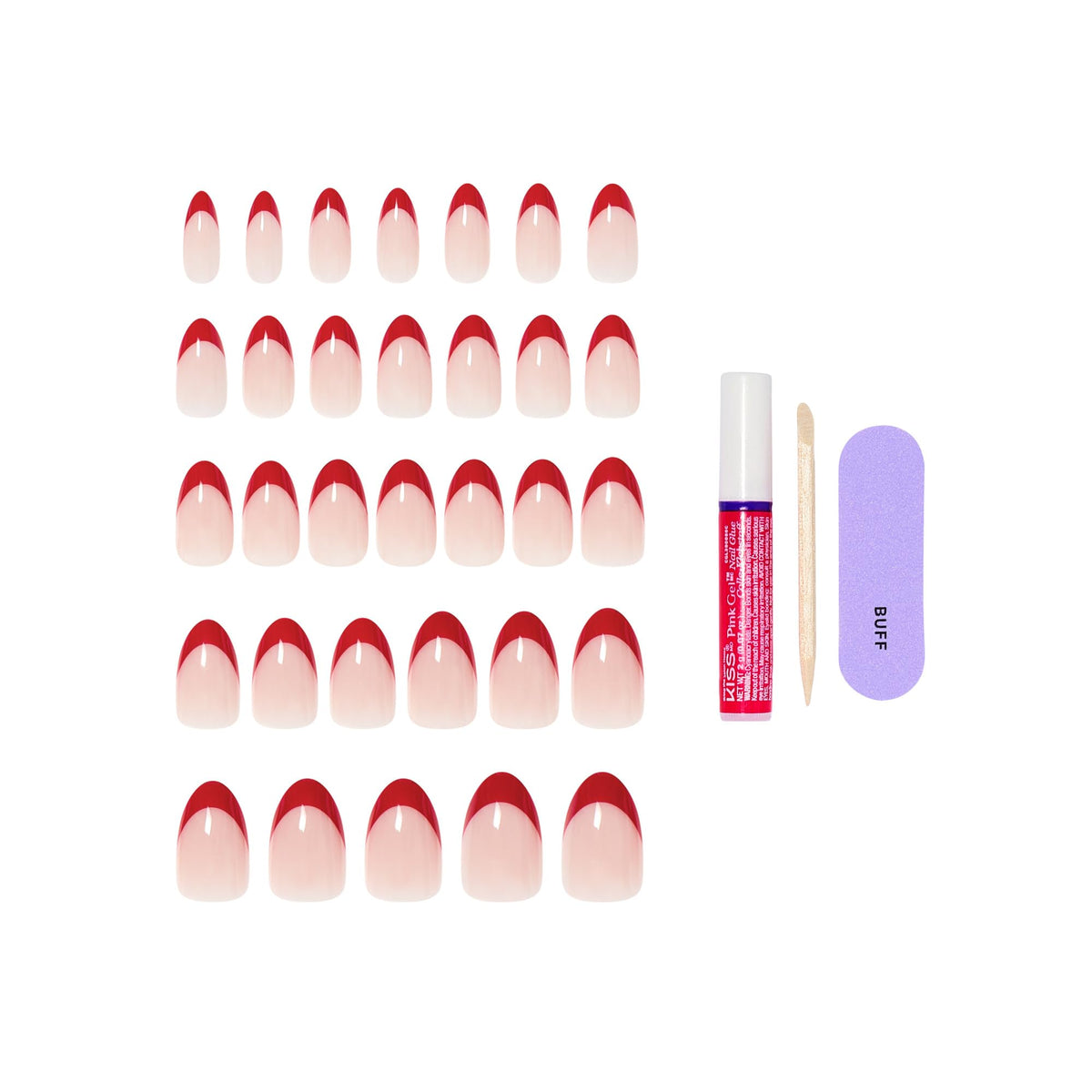 KISS Press On Nails 'Optimistic' Red showing various nail sizes