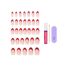 KISS Press On Nails 'Optimistic' Red showing various nail sizes