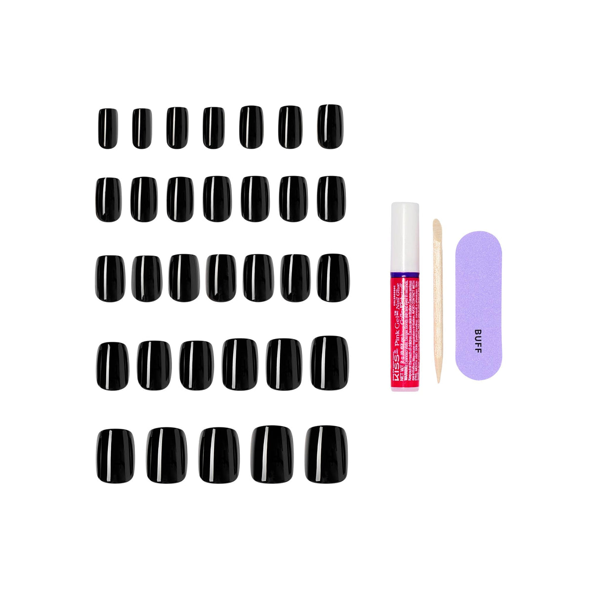 KISS Press On Nails 'Photogenic' black short squoval with manicure stick and mini file