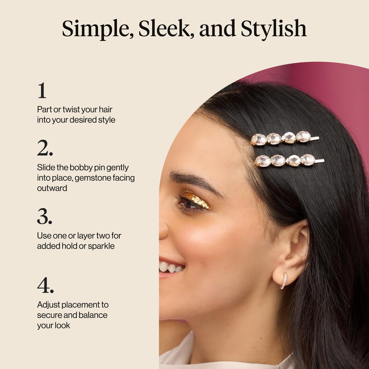 Kitsch Bobby Pins with White Gemstones on a hairstyle