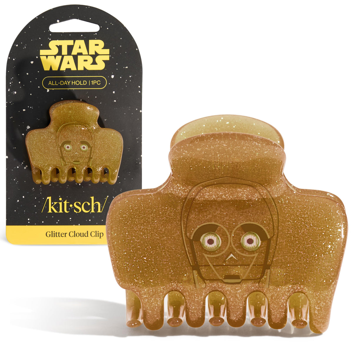 Kitsch C-3PO Glitter Medium Hair Clip front view with golden finish