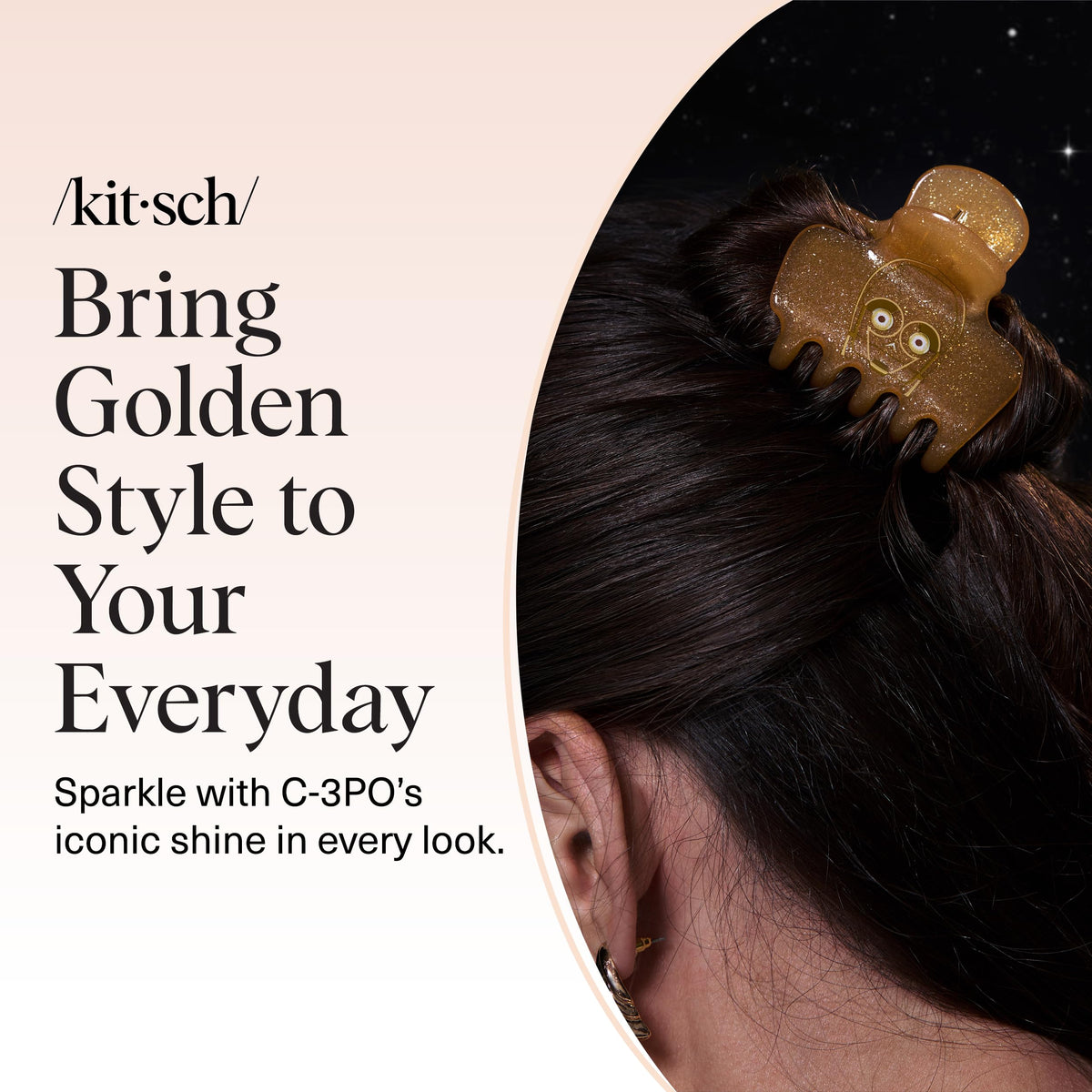Kitsch C-3PO Glitter Medium Hair Clip in a travel bag for convenience