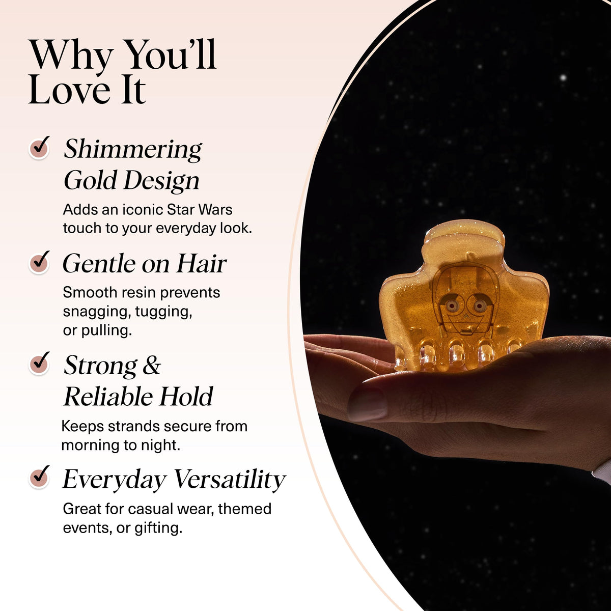 Kitsch C-3PO Glitter Medium Hair Clip in use with styled hair