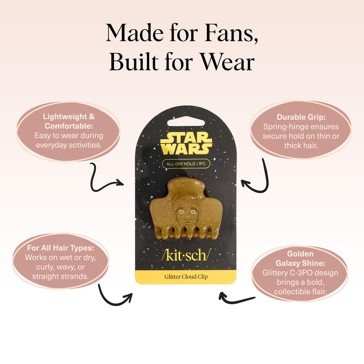 Kitsch C-3PO Glitter Medium Hair Clip on a table with a stylish background