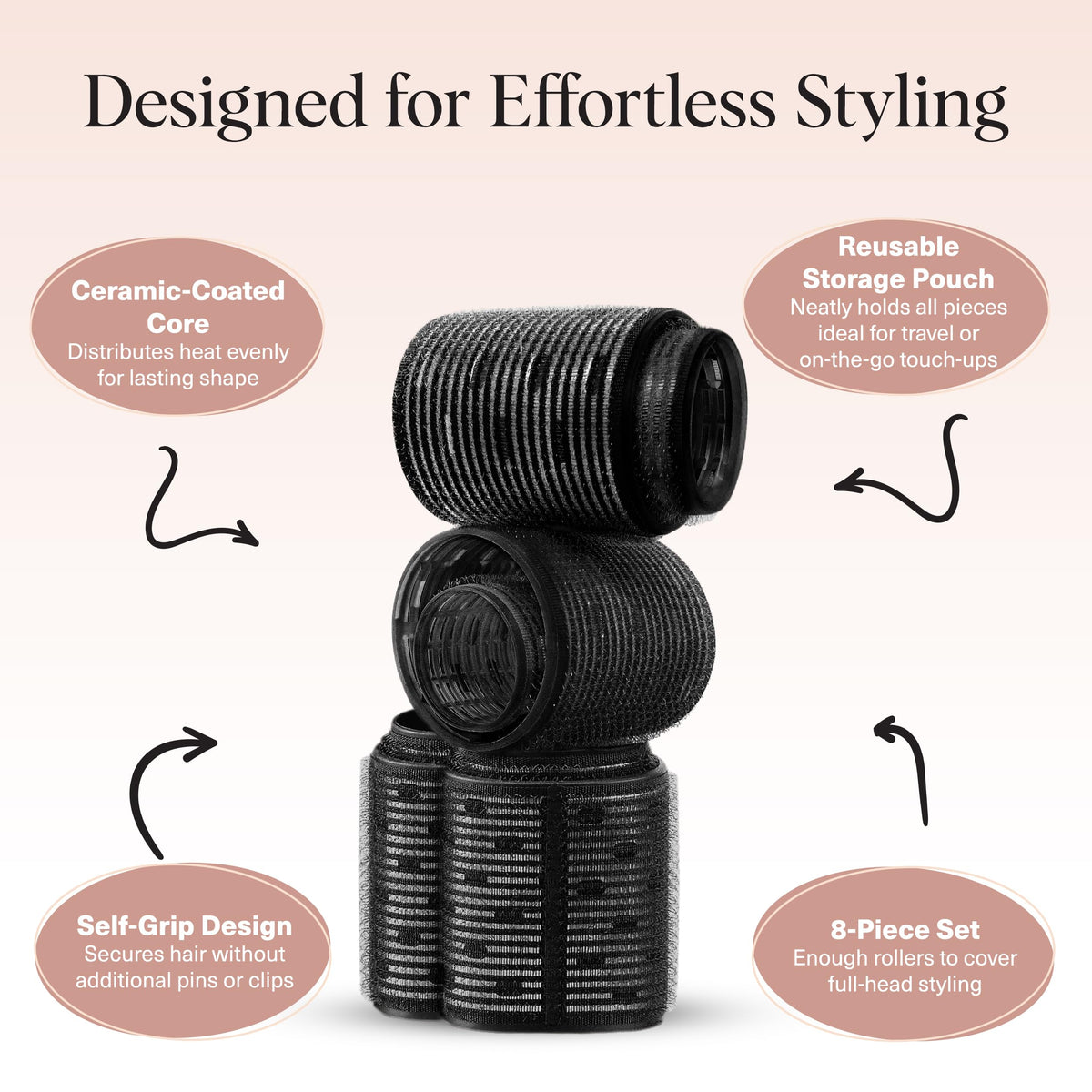Kitsch Ceramic Hair Rollers Black in use on hair