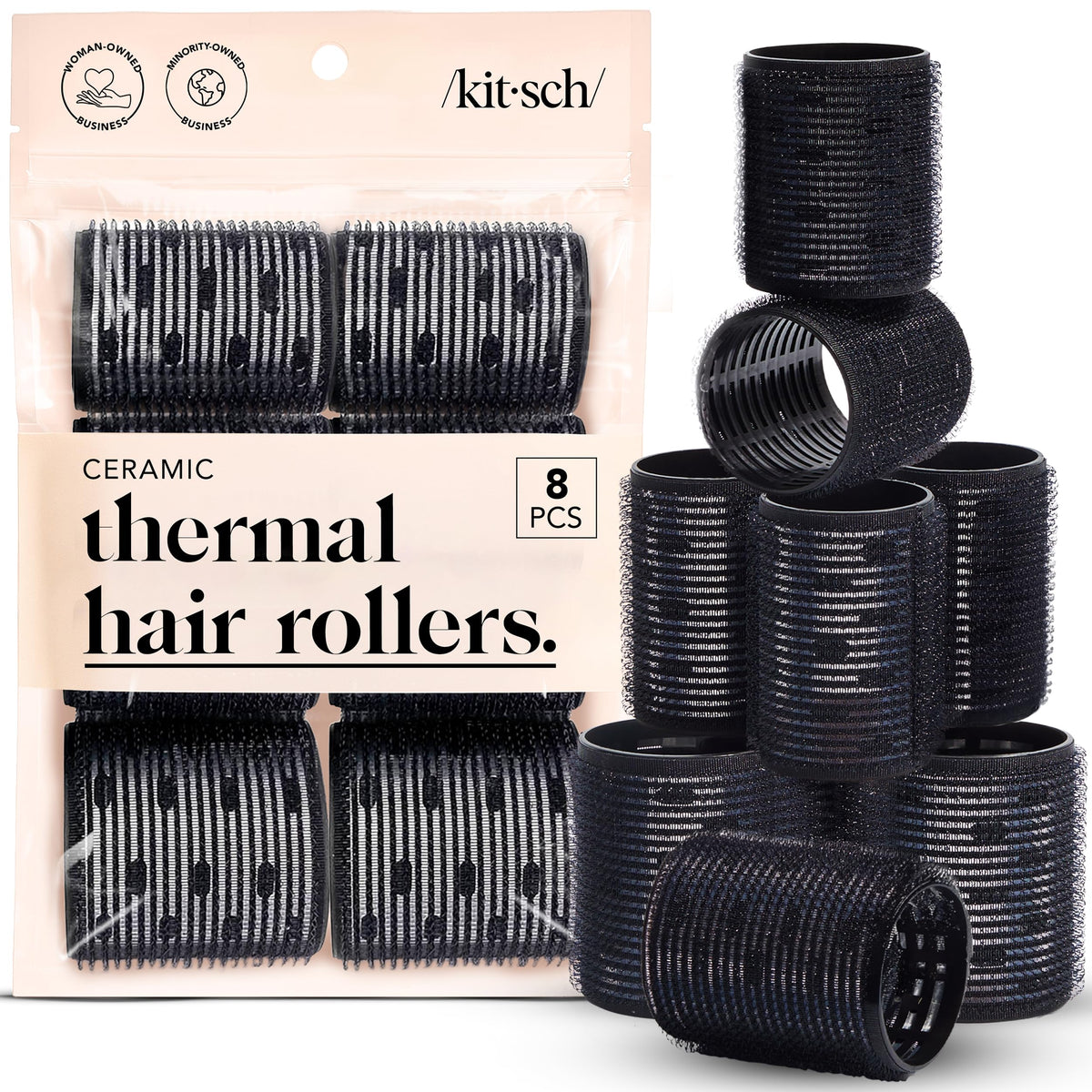 Kitsch Ceramic Hair Rollers Black set front view