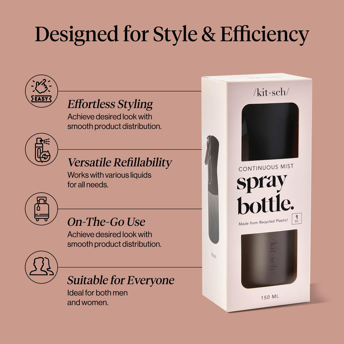 Kitsch Continuous Spray Bottle for Hair, side view with mist