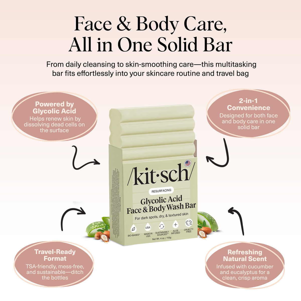 Kitsch Glycolic Acid Face & Body Wash Bar in shower setting