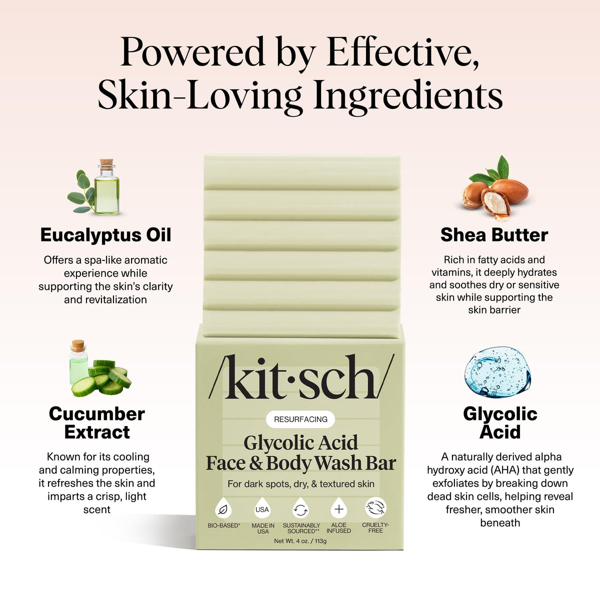 Kitsch Glycolic Acid Face & Body Wash Bar with shea butter ingredients