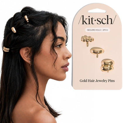 Kitsch Gold Hair Jewelry for Braids - 3 stackable hair pins front view
