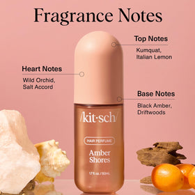 Kitsch Hair Perfume Amber Shores bottle with beach background