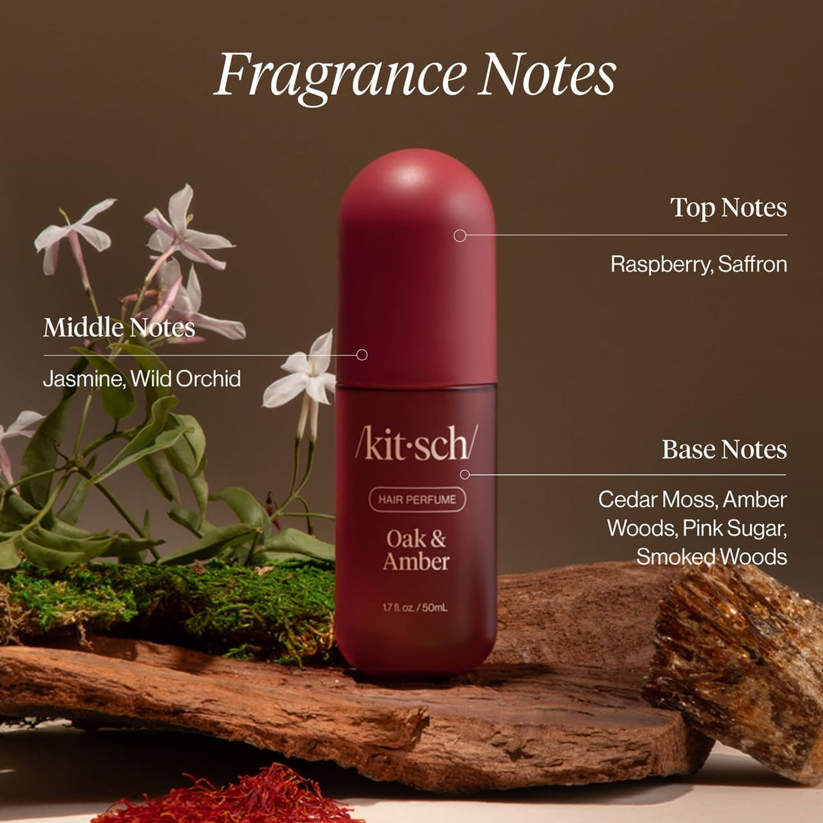 Kitsch Hair Perfume Oak & Amber 50mL with travel accessories