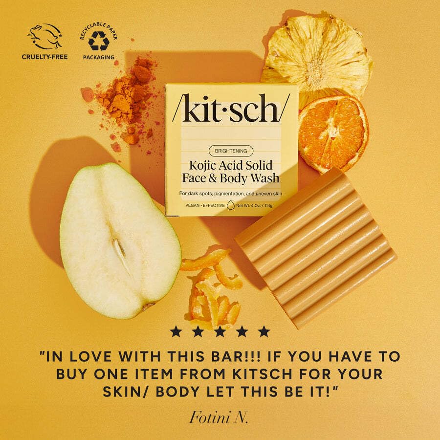 Kitsch Kojic Acid Soap Bar with Turmeric on a bathroom counter