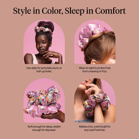 Kitsch Lisa Frank satin scrunchies alongside hair care products