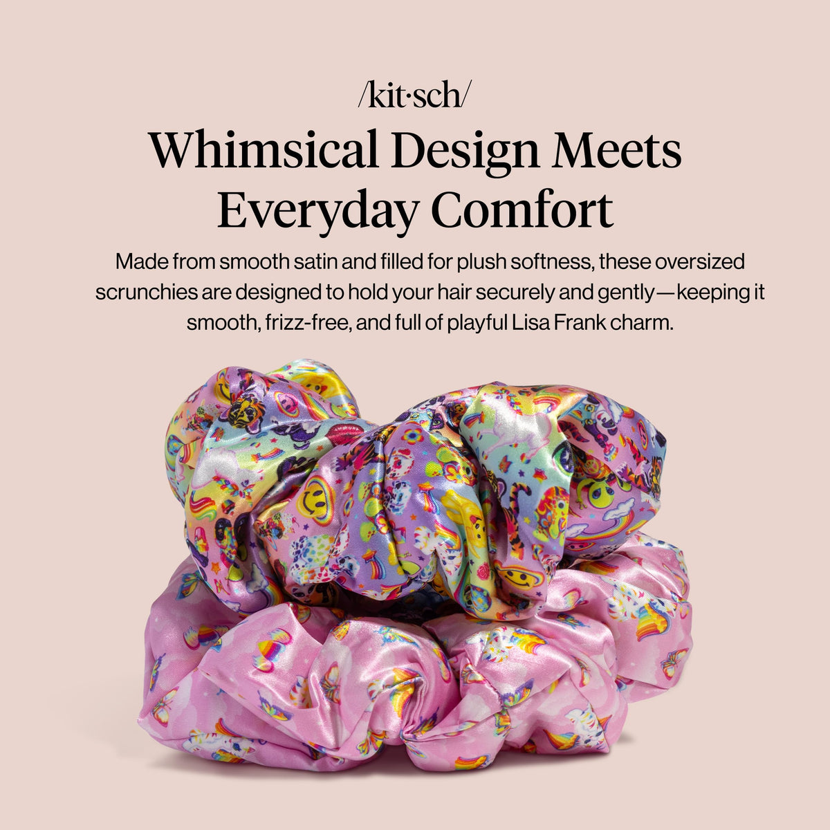 Kitsch Lisa Frank satin scrunchies displayed on a flat surface