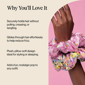 Kitsch Lisa Frank satin scrunchies in a hair styling scenario