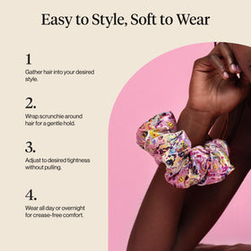 Kitsch Lisa Frank satin scrunchies in use for a ponytail