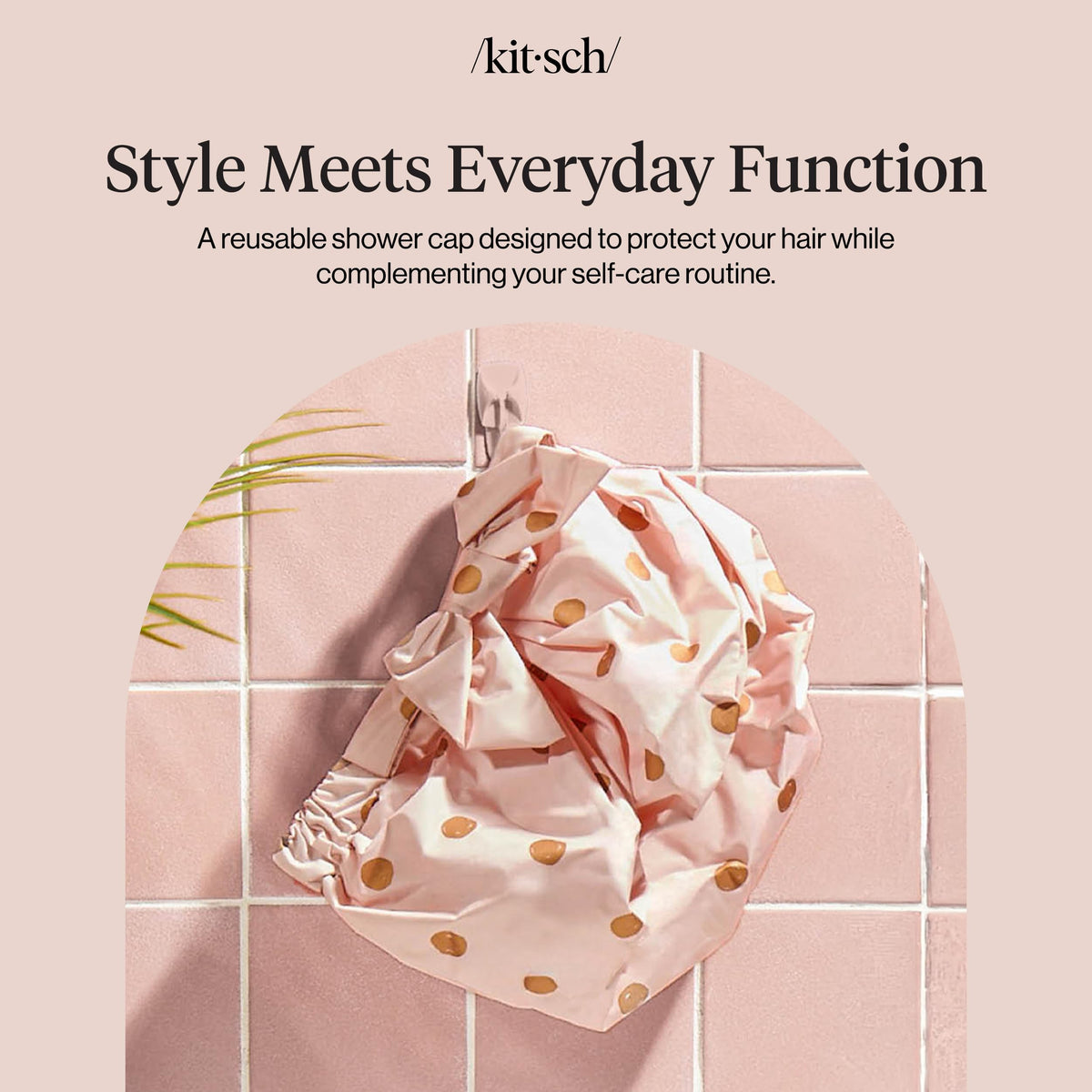 Kitsch Luxury Shower Cap Blush Dot displayed with other accessories