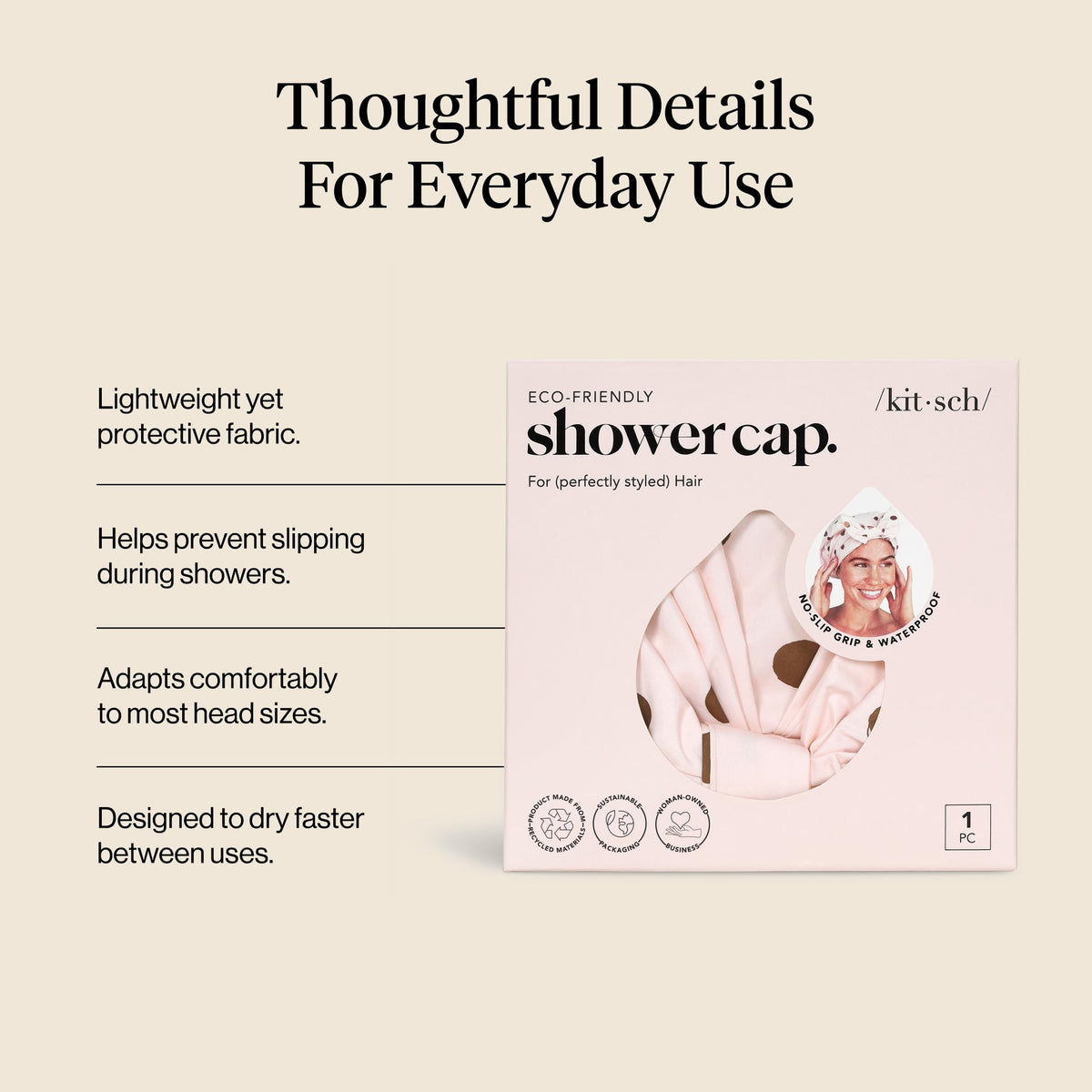Kitsch Luxury Shower Cap Blush Dot on a bathroom shelf