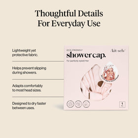 Kitsch Luxury Shower Cap Blush Dot on a bathroom shelf