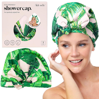 Kitsch Luxury Shower Cap for Women in Palm Leaves design front view