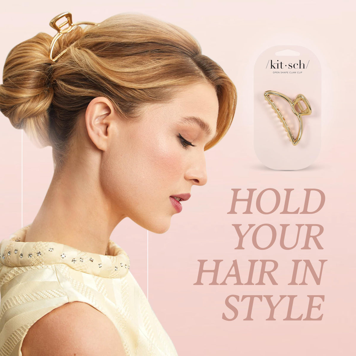 Kitsch metal hair clip in use with a stylish updo