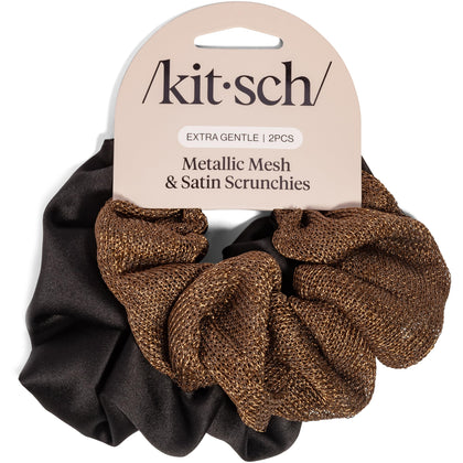 Kitsch Metallic Mesh & Satin Scrunchies in Black and Chocolate front view