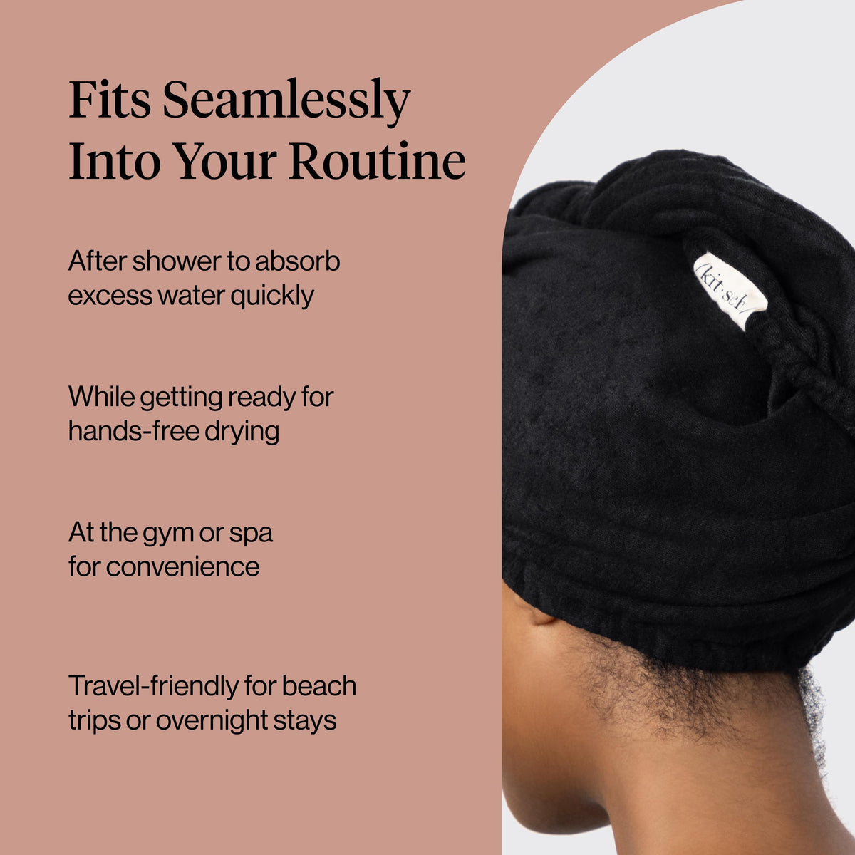 Kitsch Microfiber Hair Towel Wrap black, demonstrating frizz control