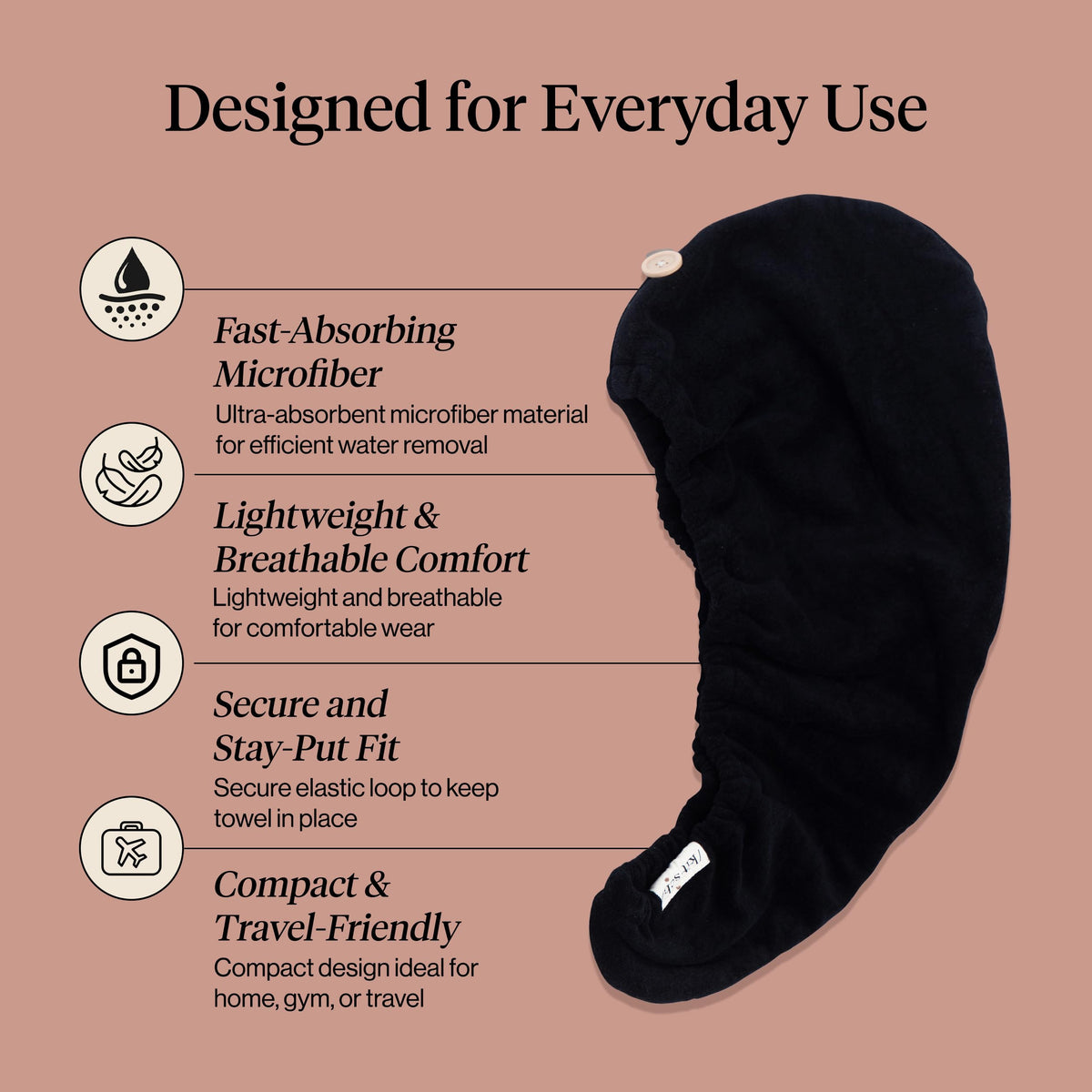 Kitsch Microfiber Hair Towel Wrap black, folded for storage