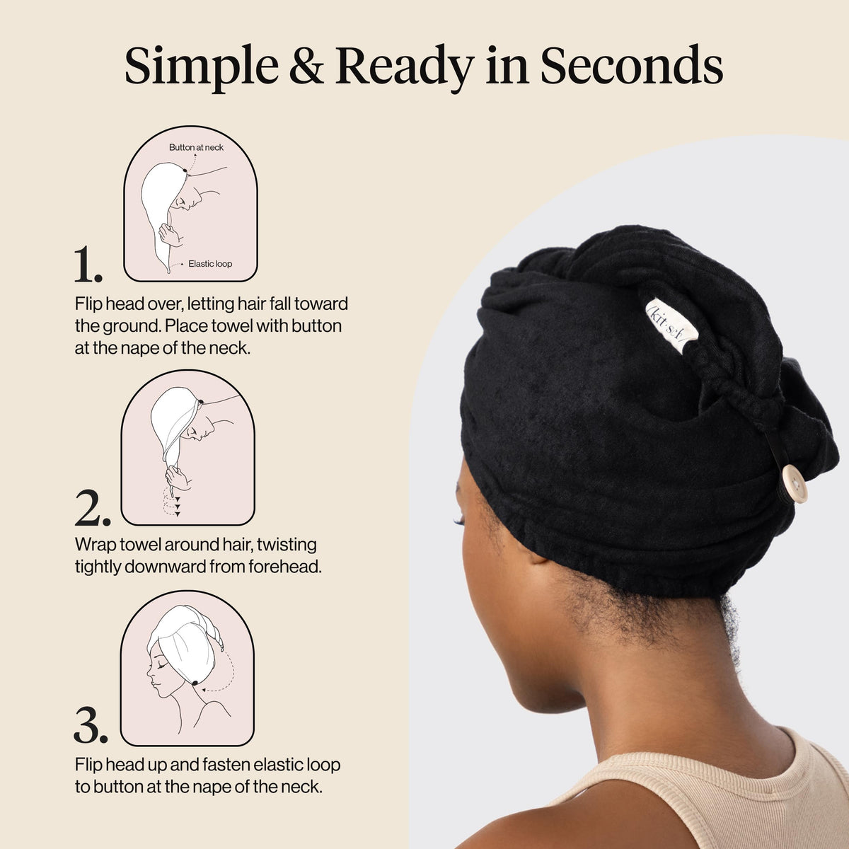 Kitsch Microfiber Hair Towel Wrap black, lightweight for travel