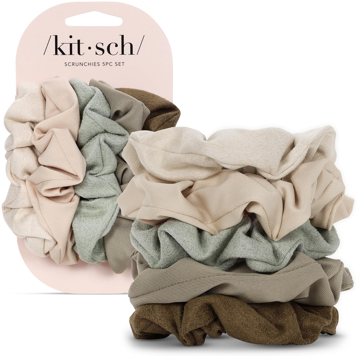 Kitsch Moss Green scrunchies pack front view with five assorted scrunchies