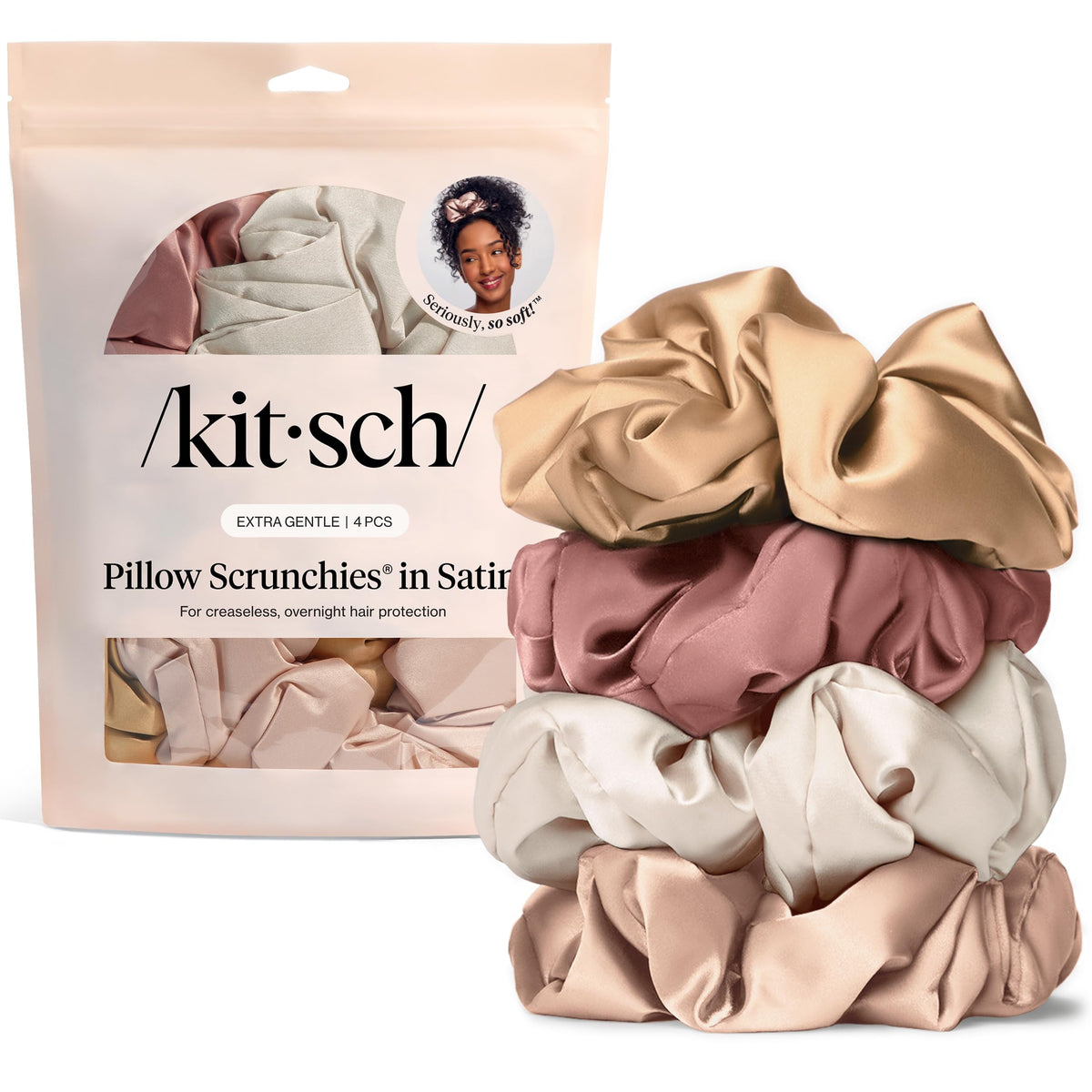 Kitsch Pillow Satin Scrunchies set of four in blush colour