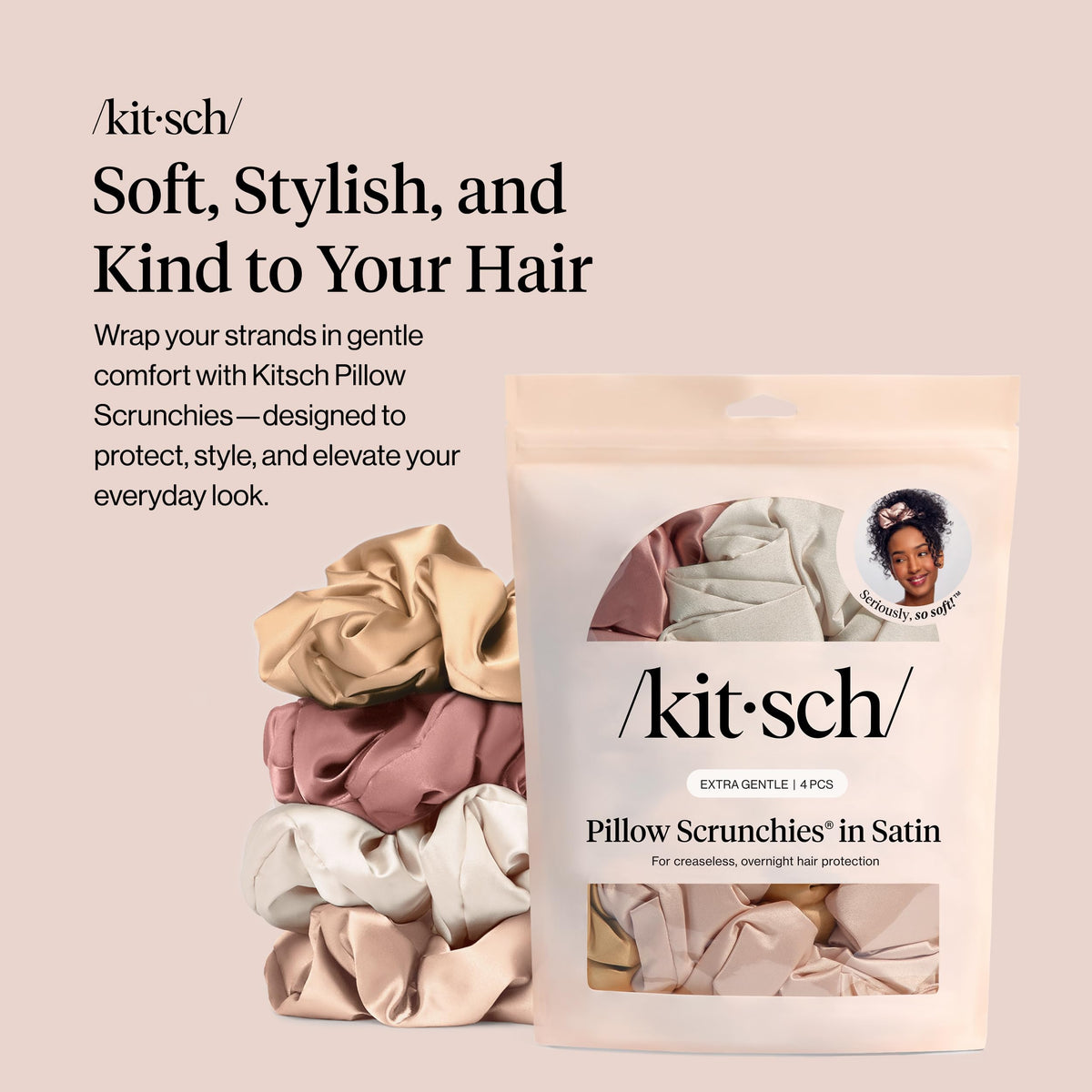 Kitsch Pillow Satin Scrunchies worn in a ponytail