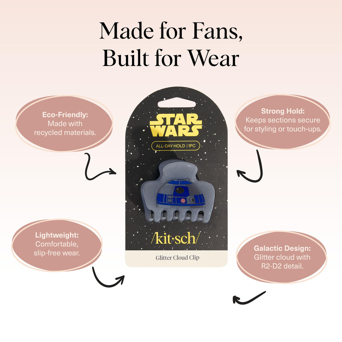 Kitsch R2-D2 hair clip close-up highlighting shimmering detail