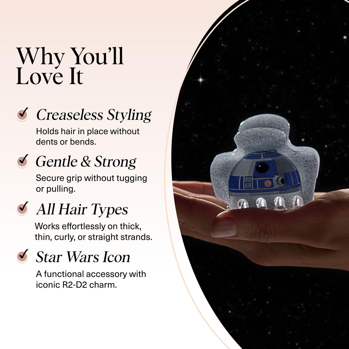 Kitsch R2-D2 hair clip in a lifestyle setting on a table