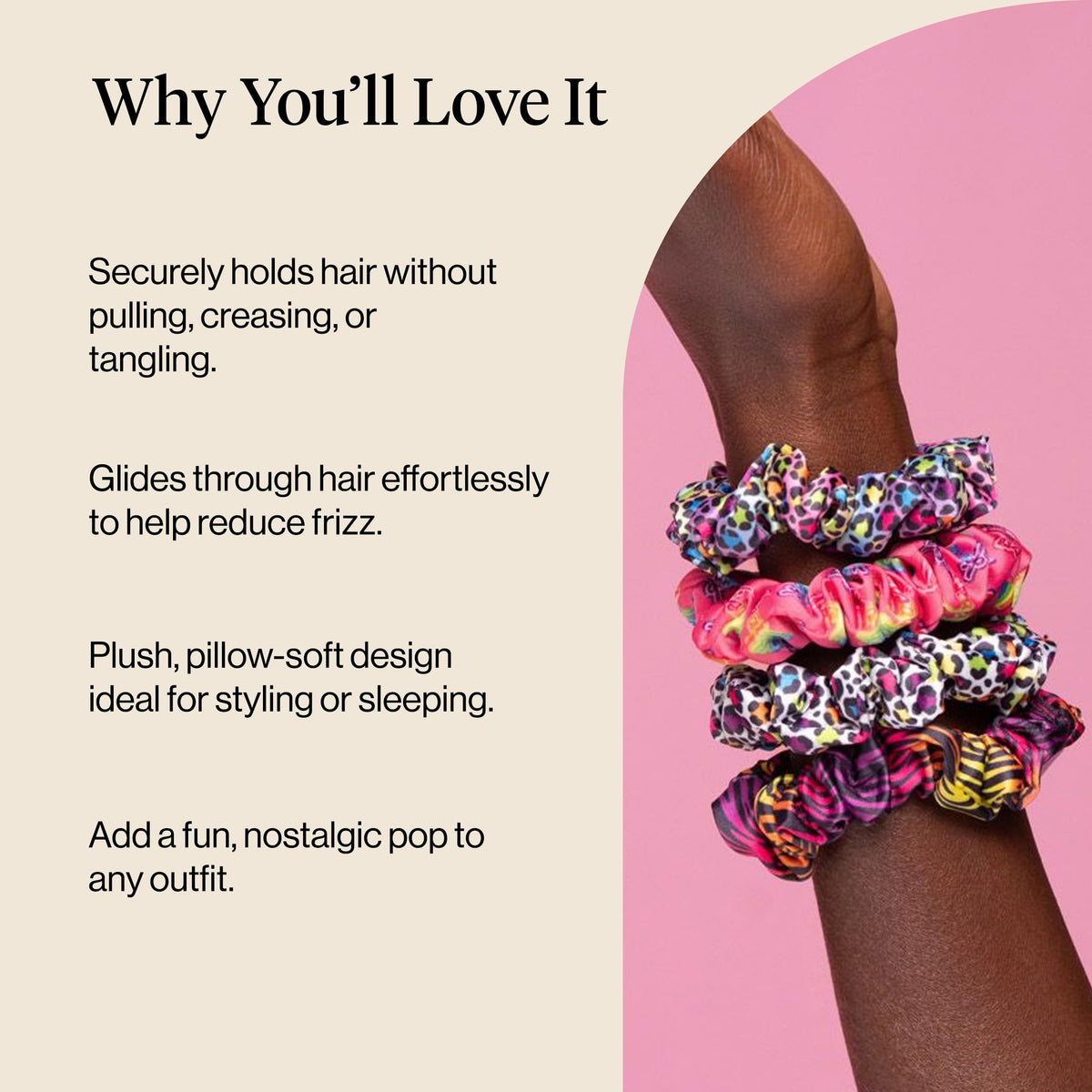 Kitsch Ruched Satin Scrunchies Rainbow Leopard close-up detail