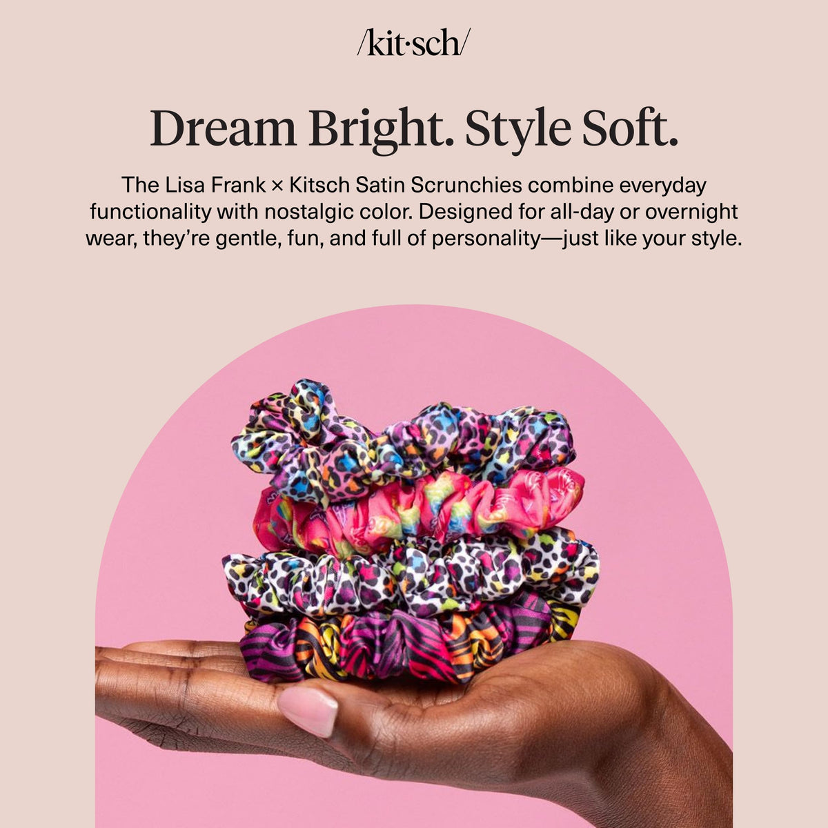 Kitsch Ruched Satin Scrunchies Rainbow Leopard in use