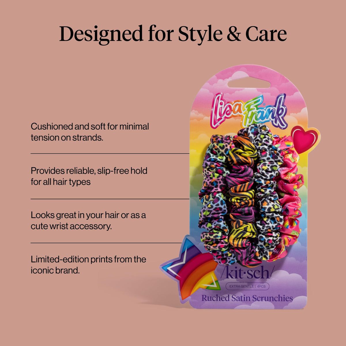 Kitsch Ruched Satin Scrunchies Rainbow Leopard on wrist